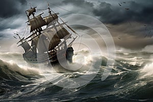 stormy sea, with pirate ship battling waves and wind