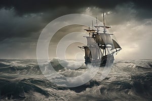 stormy sea with pirate ship, sails flapping in the wind