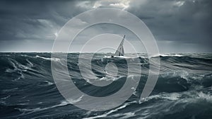 A stormy sea with a sailboat sinking in the waves.