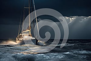 A stormy sea with a sailboat sinking in the waves, capturing the intense action and drama of the moment