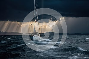 A stormy sea with a sailboat sinking in the waves, capturing the intense action and drama of the moment