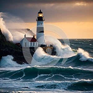 Stormy sea waves break near the lighthouse. Generative AI