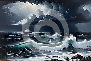 Stormy Seas Symphony: Oil Painting of Choppy Sea under Dark Stormy Skies - Waves Cresting with White Foam, Distant Lightning