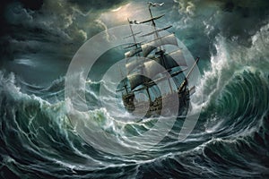 stormy seascape with a pirate ship battling the raging waves