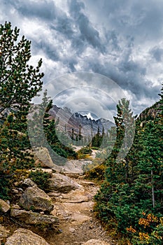 Stormy skies above Mills Lake at Rocky Mountain National park