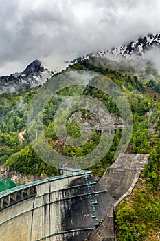 Stormy skies over the Northern Alps and Kurobe Dam. Japan