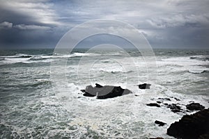 Stormy skies and sea at Lizard point, Cornwall, UK