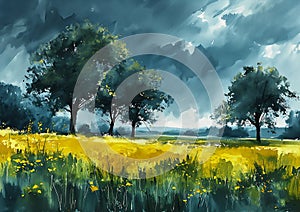Stormy Skies and Vibrant Blooms: A Cartoon Field at High Noon