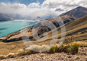 Stormy sky above lake Ohau in South Island, New Zealand