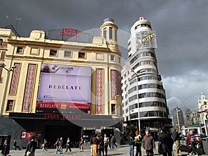 Stormy sky in the Cines Callao area in the center of the city of Madrid