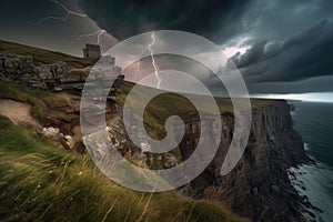 stormy sky, with dramatic clouds and lightning, above a rugged cliffscape