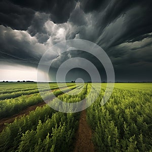 Stormy sky green field