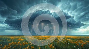 Stormy sky with a large cloud and lightning bolts. The sky is dark and the clouds are heavy with rain. The field is filled with