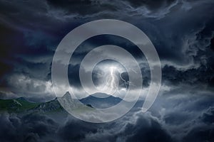 Stormy sky, lightning, mountain