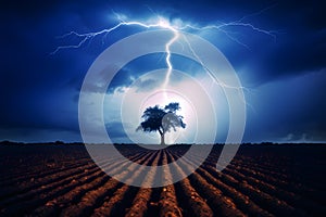 Stormy sky with lightning over a lone tree in the field.GenerativeAI.
