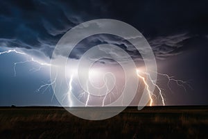 A stormy sky with lightning strikes from the clouds to the ground created with generative AI technology