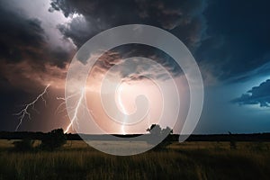 A stormy sky with lightning strikes from the clouds to the ground created with generative AI technology