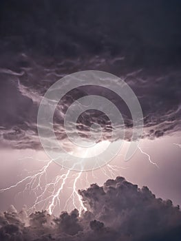 Stormy sky with lightning and thunderclouds.