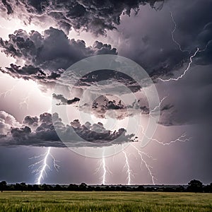 Stormy sky with lightning and thunderclouds.
