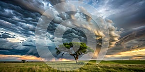 Stormy sky looming over windblown tree