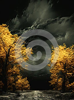 a stormy sky over a road with trees