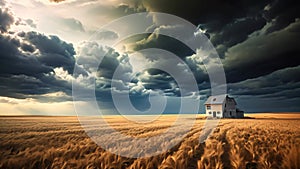 Stormy sky over a wheat field with a barn in the foreground, AI Generated