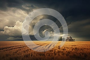 Stormy sky over wheat field. Nature composition. 3D render, AI Generated