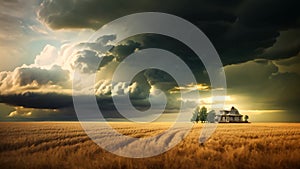 Stormy sky over wheat field. Nature composition. 3D render, AI Generated