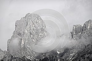 Stormy summer landscape of the famous Pale di San Martino near San Martino di Castrozza. Italy, Europe.