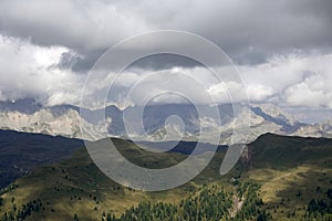 Stormy summer landscape of the famous Pale di San Martino near San Martino di Castrozza. Italy, Europe.