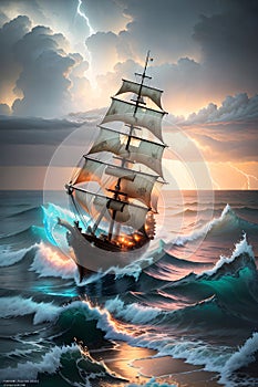 The Stormy Sunset and Waves\' Battle as the Sailing Ship Strives to Reach the Shore. AI generated