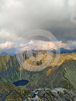 Stormy view from Krivan mountain peak 2494, symbol of Slovakia in High Tatras mountains