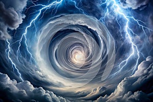 Stormy vortex clouds, spiraling into light, dramatic sky