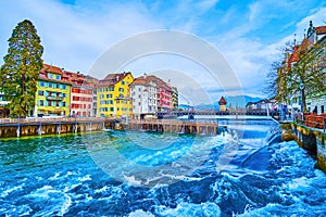 Stormy waters of Reuss river at Needle Dam in Lucerne, Switzerland