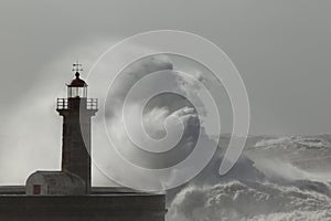 Stormy wave splash in the old lighthouse