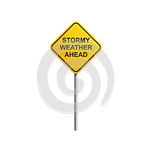Stormy weather ahead road sign with blue sky and cloud background