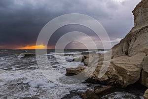 Stormy  weather in the evening at sunset on the Mediterranean coast near Rosh HaNikra in Israel