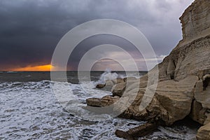 Stormy  weather in the evening at sunset on the Mediterranean coast near Rosh HaNikra in Israel