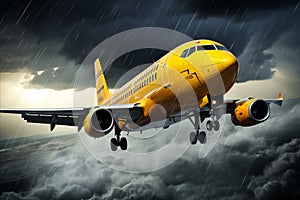 Stormy Weather. Passenger yellow Plane Soaring Through Rainy Skies Amidst Thunderous Clouds
