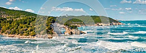 Stormy wether in Gargano National Park, Torre di San Felice location, Apulia region, Italy, Europe. Panoramic morning seascape of