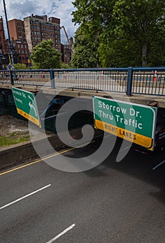 Storrow drive Boston roadway with signs