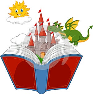 Story book with cartoon castle, dragon and sun