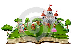 Story book with cartoon princesses and princes in front of a castle
