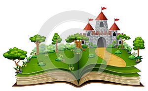 Story book with a castle and river in the green park