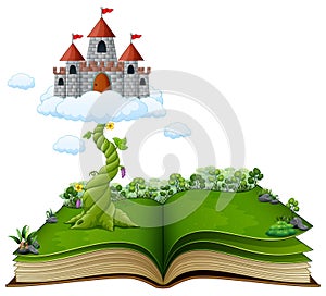 Story book with magic beanstalk and castle in the clouds