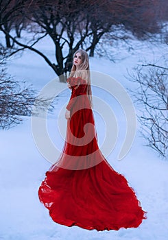 Story of frozen fairy tale, wonderful pretty blonde princess in gorgeous adorable royal maroon magical dress of red and