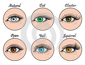 Story highlight covers with different types of lashes sets on blue, green, grey and brown eyes