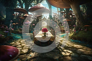 Story of the imagination Alice in Wonderland, White Herald rabbit, Cheshire Cat, fantastic forest landscape, mushrooms