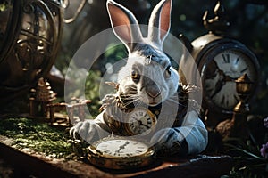 Story of the imagination Alice in Wonderland, White Herald rabbit, Cheshire Cat, fantastic forest landscape, mushrooms