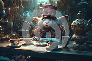 Story of the imagination Alice in Wonderland, White Herald rabbit, Cheshire Cat, fantastic forest landscape, mushrooms